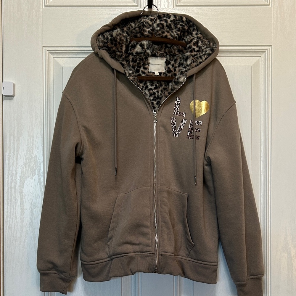 Leopard Print Faux Fur Lined Full Zip Hoodie Featuring LOVE Graphics Size L - Picture 3 of 10